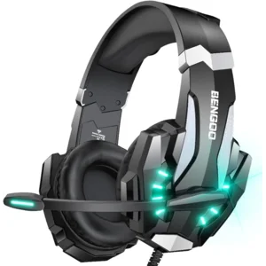 BENGOO G9000 Stereo Gaming Headset for PS4 PC Xbox One PS5 Controller, Noise Cancelling Over Ear Headphones with Mic, LED Light, Bass Surround, Soft Memory Earmuffs for Laptop Mac - Black
