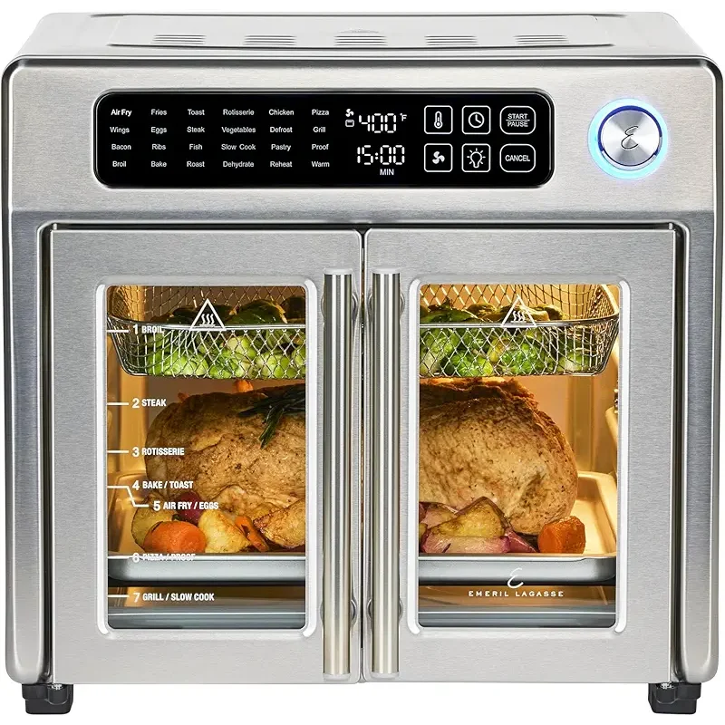 Emeril Lagasse Extra Large French Door Air Fryer Toaster Oven Combo, 24 Cooking Functions and Digital Controls, 7 Accessories Included, Stainless Steel Finish, 26QT Capacity