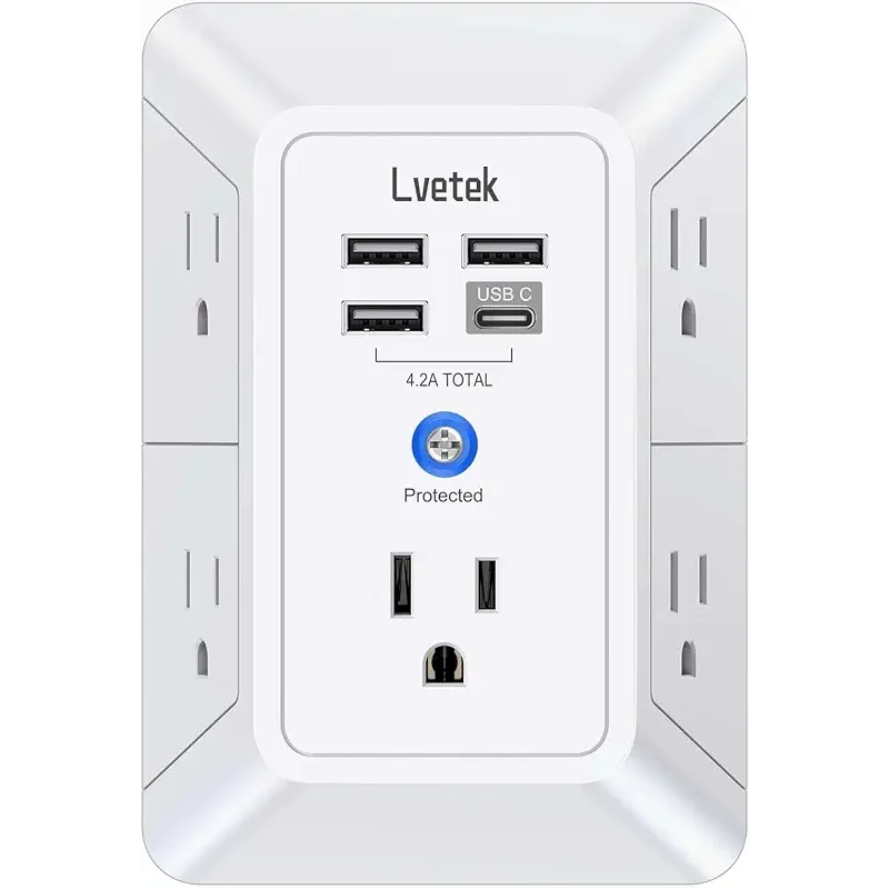 5 Outlet Extender Multi Plug Wall Outlets with 4 USB Charging Ports (1 USB C Outlet), 3 Sided 1680J Surge Protector Power Strip USB Wall Charger for Home, Office, Travel, ETL Listed, White