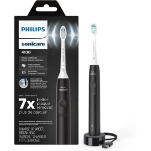 Philips Sonicare 4100 Rechargeable Electric Toothbrush, with Pressure Sensor, 2 Intensity Settings, SmarTimer and QuadPacer, 14-Day Battery Life, Black, Model HX3681/24