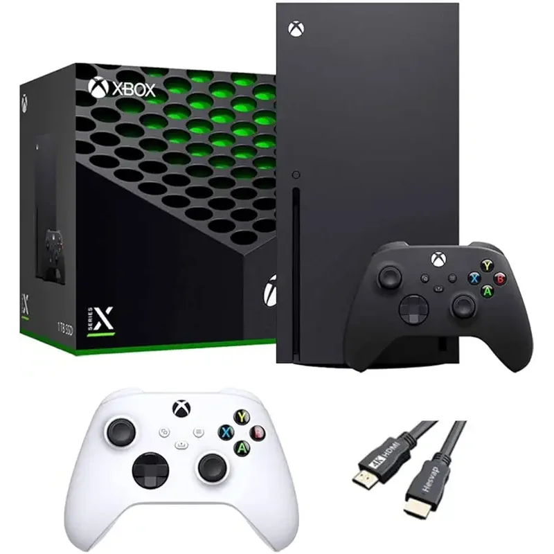X-Box Series X Gaming Console Bundle - 1TB SSD Black X-Box Console with Two Wireless Controllers -Black and White -and ahaghug Authorized HDMI Cable