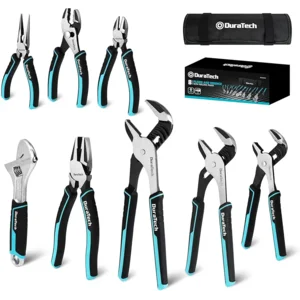 DURATECH 8-Piece Pliers Set with Rolling Pouch, Premium Cr-V/Cr-Ni Construction, (12", 10", 8" Groove Joint Pliers, 8" Adjustable Wrench, 8" Linesman, 6" Long Needle Nose, 6" Slip Joint, 6" Diagonal)