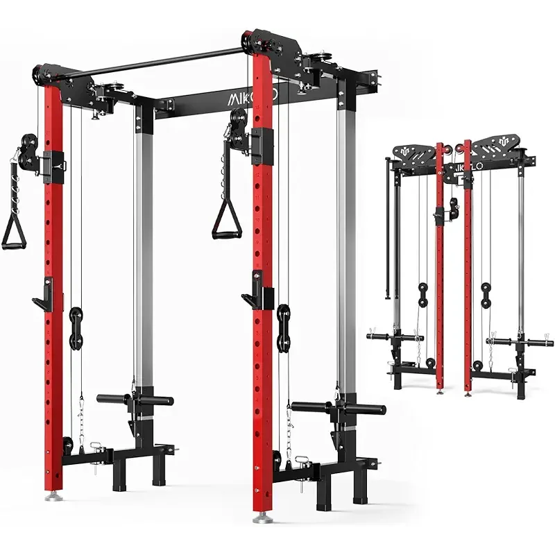 Mikolo Folding Squat Rack, Wall Mounted Power Rack with Cable Crossover Machine & LAT Pull Down, Functional Trainer with 5 Adjustable Function Modes, for Home Gym and Space Saving