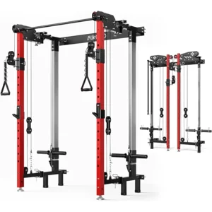 Mikolo Folding Squat Rack, Wall Mounted Power Rack with Cable Crossover Machine & LAT Pull Down, Functional Trainer with 5 Adjustable Function Modes, for Home Gym and Space Saving