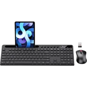 Wireless Keyboard and Mouse Combo, MARVO 2.4G Ergonomic Wireless Computer Keyboard with Phone Tablet Holder, Silent Mouse with 6 Button, Compatible with MacBook, Windows (Black)
