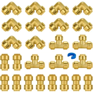 SUNGATOR Plumbing Fittings 1/2 Inch, Push Pex Fittings 1/2", 10 Each Coupling and 90 Degree Elbow, Tee (5 PCS), No Lead Brass Push to Connect Pex Pipe, Copper, CPVC, with 1 Disconnect Clip, Pack of 25