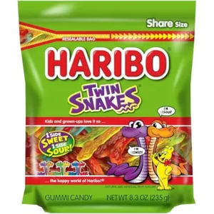 HARIBO Gummi Candy, Twin Snakes Sweet & Sour Gummy Candy, 8.3 Ounce Resealable Share Size Stand Up Bag, Soft & Chewy Snacks, Assorted Fruity Flavors