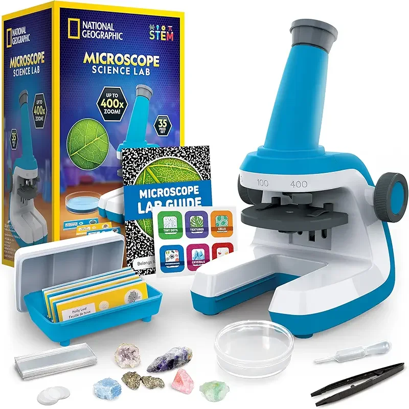 National Geographic Microscope for Kids - Science Kit with an Easy-to-Use Kids Microscope, Up to 400x Zoom, Blank and Prepared Slides, Gifts for 6 7 8 9 & 10, STEM Project Toy (Amazon Exclusive)