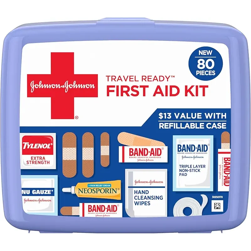BAND-AID Brand Travel Ready Portable Emergency First Aid Kit for Minor Wound Care, Perfect for Home, Car, Travel, Camping Essentials & Outdoor Emergency Kit, 80 Pieces