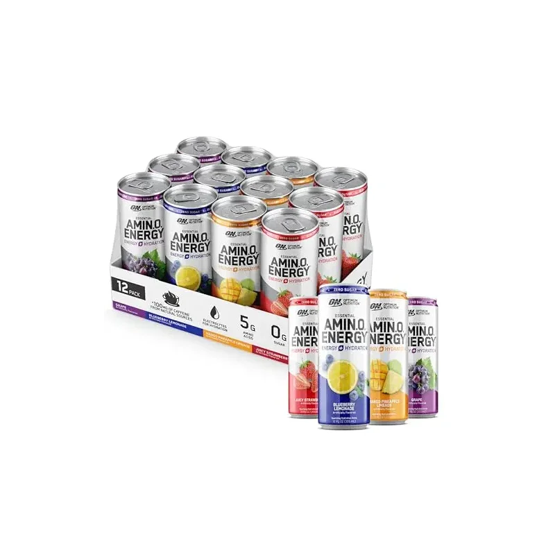 Optimum Nutrition Amino Energy Sparkling Hydration Drink, Electrolytes, Caffeine, Amino Acids, BCAAs, Sugar Free, 12 Fl Oz, Variety Pack of 12 (Packaging May Vary)