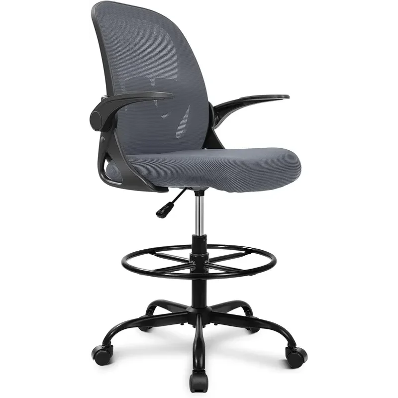 Primy Drafting Chair Tall Office Chair with Flip-up Armrests Executive Ergonomic Computer Standing Desk Chair with Lumbar Support and Adjustable Footrest Ring（Dark Gray）