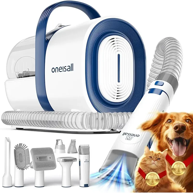 oneisall Dog Grooming Vacuum, Pet Grooming Vacuum with Clipper Nail Grinder, 1.5L Dust Cup Dog deshedding Vacuum Brush with 7 Pet Grooming Tools for Shedding Pet Hair, Home Cleaning(Blue)