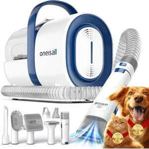 oneisall Dog Grooming Vacuum, Pet Grooming Vacuum with Clipper Nail Grinder, 1.5L Dust Cup Dog deshedding Vacuum Brush with 7 Pet Grooming Tools for Shedding Pet Hair, Home Cleaning(Blue)