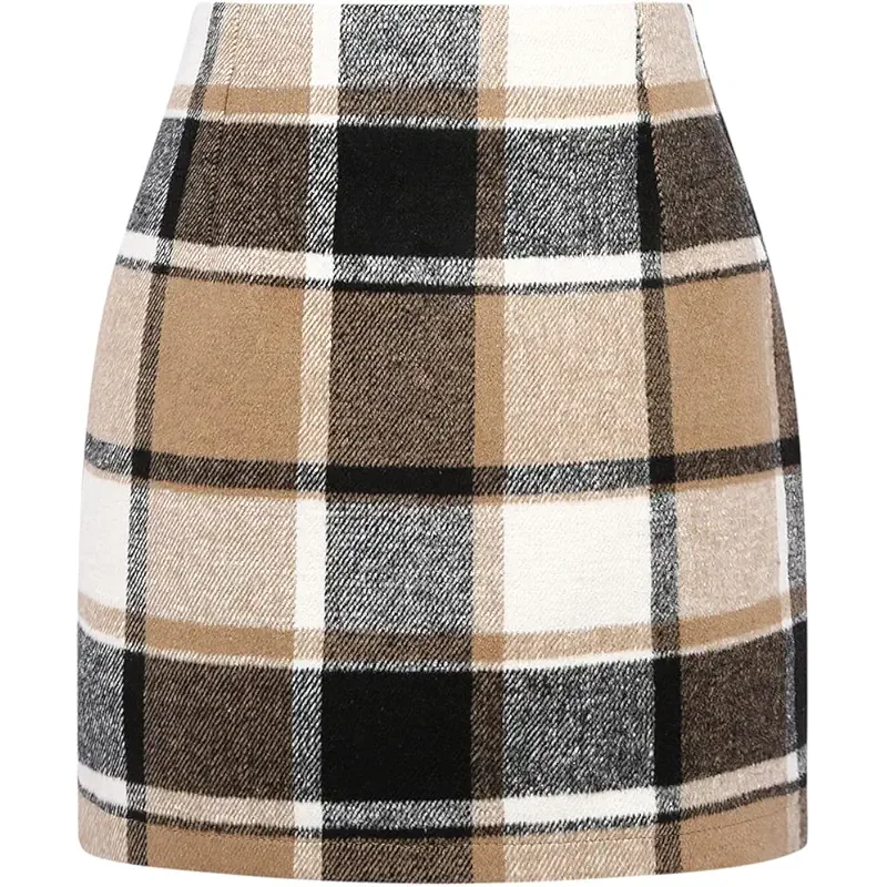 IDEALSANXUN Womens High Waist Plaid Skirt Bodycon Pencil Wool Mini Skirts