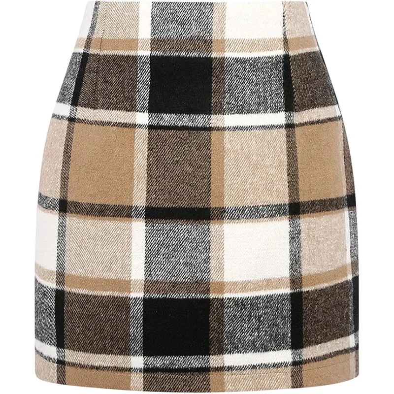 Kinghua Womens Wool Plaid Mini Skirt Fall Winter High Waisted Bodycon Pencil Skirt
