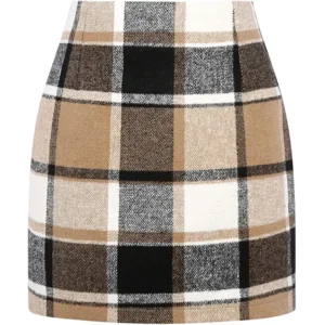 Kinghua Womens Wool Plaid Mini Skirt Fall Winter High Waisted Bodycon Pencil Skirt