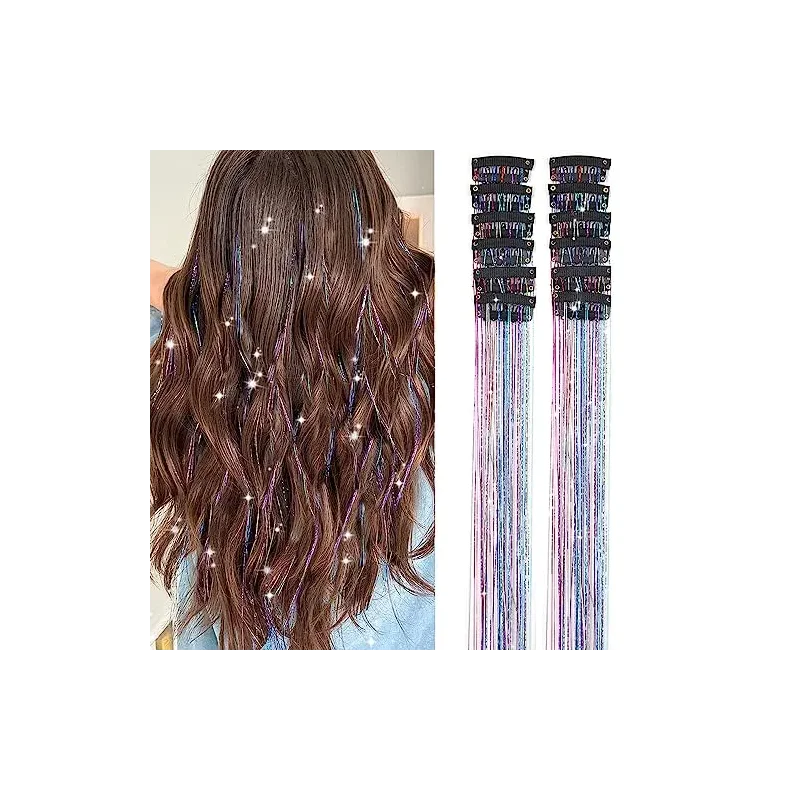Hair Tinsel Pack of 12 Pcs Colorful Glitter Hair Accessories 20 Inch Clip in Hair Tinsel Extensions Fairy Hair Accessories Party Kit for Women Girls Kids (12Pcs,Colorful#)