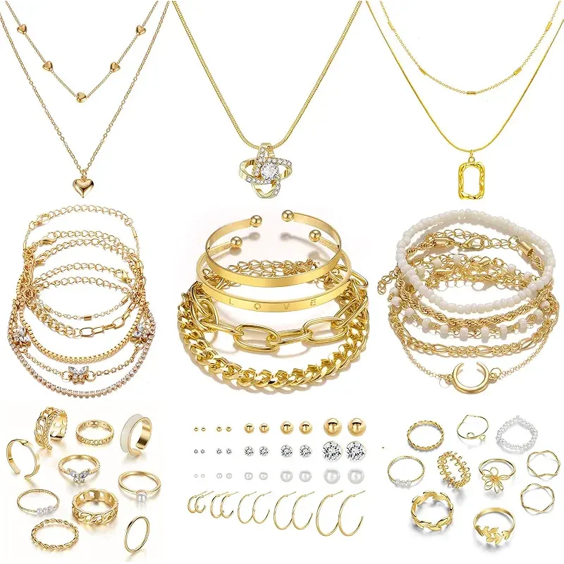 IFKM Gold Plated Jewelry Set for Women,14k Gold Plated Multi Layer Necklaces Stackable Bangle Bracelets Stackable Knuckle Rings Hoop Earrings Set Anniversary Trendy Elegance Charms Anniversary Birthday Jewelry Gift