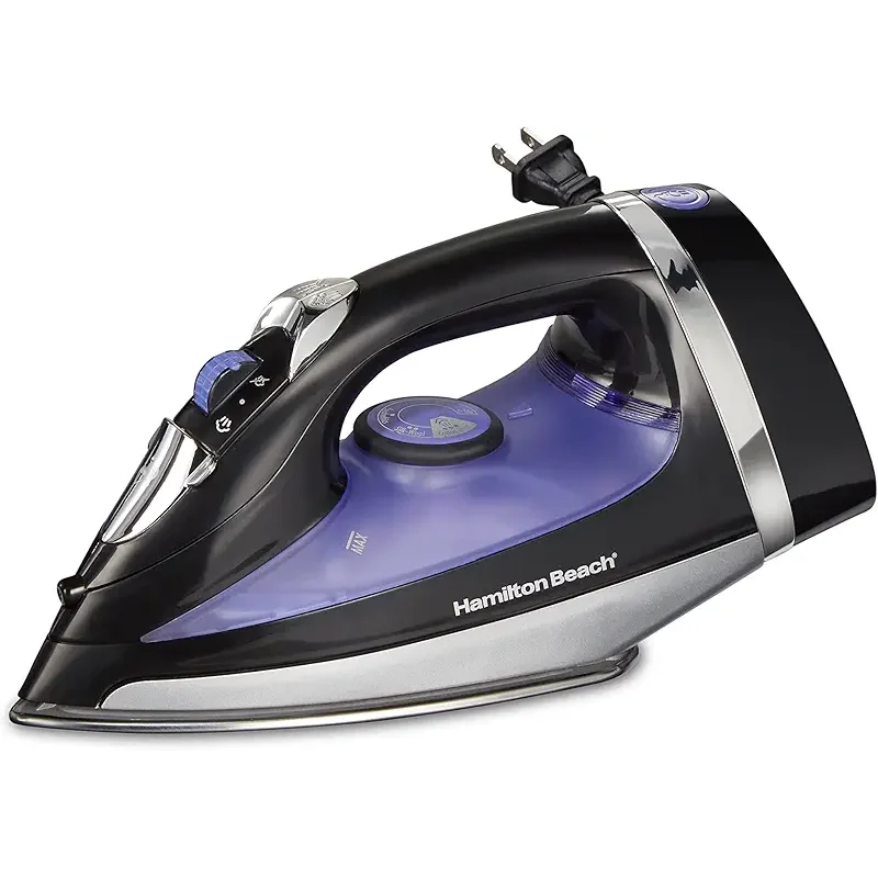 Hamilton Beach Steam Iron for Clothes & Garment Steamer with Smooth Press Stainless Steel Soleplate, 1200 Watts, 8’ Retractable Cord, Black (14214)