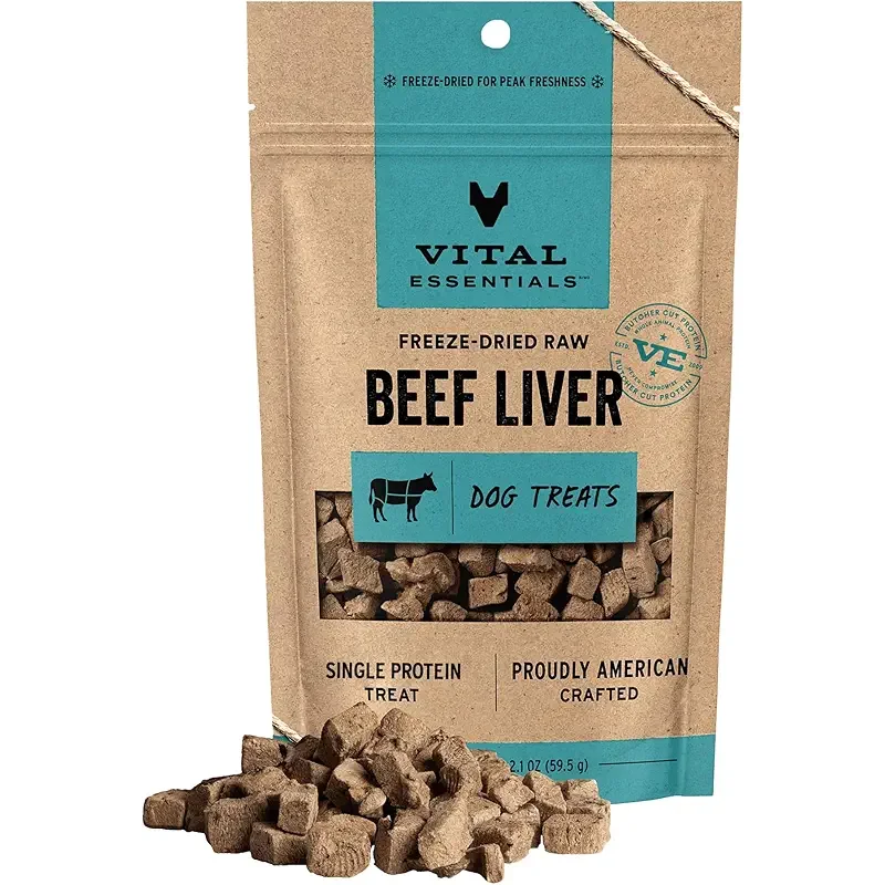 Vital Essentials Single Ingredient Beef Liver Dog Treats, 2.1 oz | Freeze-Dried Raw | Premium Quality High Protein Training Treats | Grain Free, Gluten Free, Filler Free