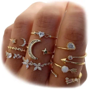 KISS WIFE Golden Stackable Moon Star Knuckle Rings Set for Women, Boho Dainty Lightweight Stacking Rings, Vintage Midi Rings Pack, Trendy Jewelry
