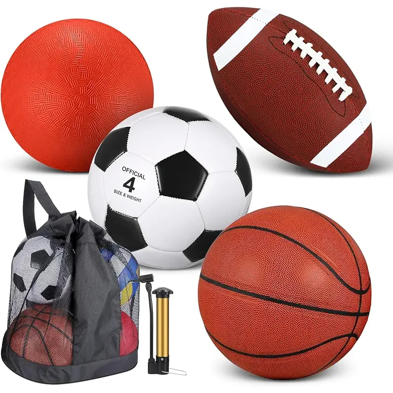 Deekin 4 Pcs Sport Balls Set for Kids Teens, Include Official Size Basketball Soccer Football Playground Ball and Pump Sports Equipment Bag Christmas Sports Gift(Normal Color)
