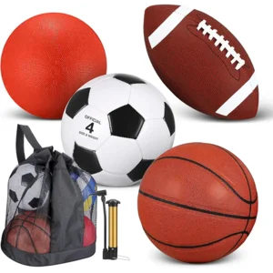 Deekin 4 Pcs Sport Balls Set for Kids Teens, Include Official Size Basketball Soccer Football Playground Ball and Pump Sports Equipment Bag Christmas Sports Gift(Normal Color)
