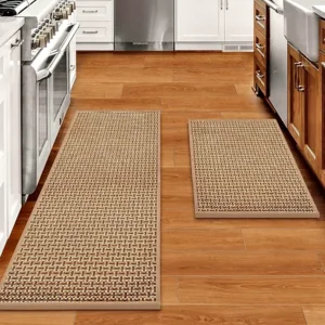 Kitchen Rugs and Mats Non Skid Washable Set of 2 PCS, Absorbent Runner Rugs for Kitchen, Farmhouse Weave Floor Mats in Front of Sink, 17.3"x 47"+17.3"x 29" (Brown)