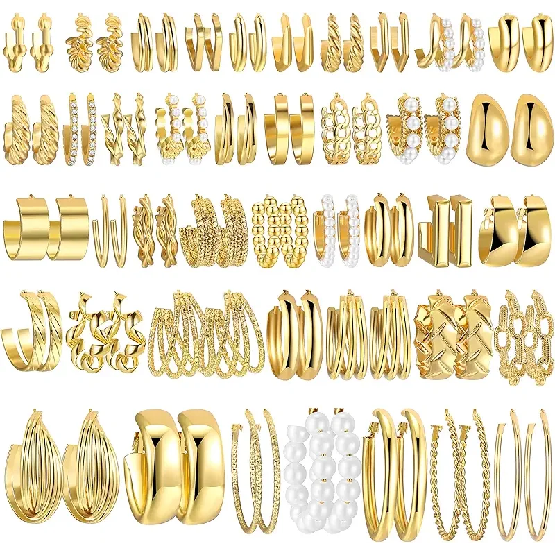 42 Pairs Gold Hoop Earrings Set for Women, Fashion Chunky Pearl Earrings Multipack Twisted Statement Earring Pack, Hypoallergenic Small Big Hoops Earrings for Birthday Party