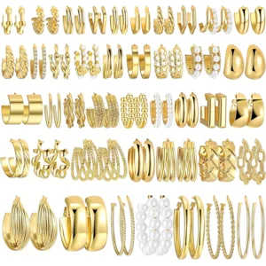 42 Pairs Gold Hoop Earrings Set for Women, Fashion Chunky Pearl Earrings Multipack Twisted Statement Earring Pack, Hypoallergenic Small Big Hoops Earrings for Birthday Party