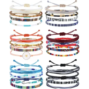 LOLIAS 24 Pieces Waterproof String Bracelets for Women Surfer Wave Boho Bracelet Adjustable Handmade Friendship Bracelet String Ocean Beach Boho Bracelets Anklets for Women