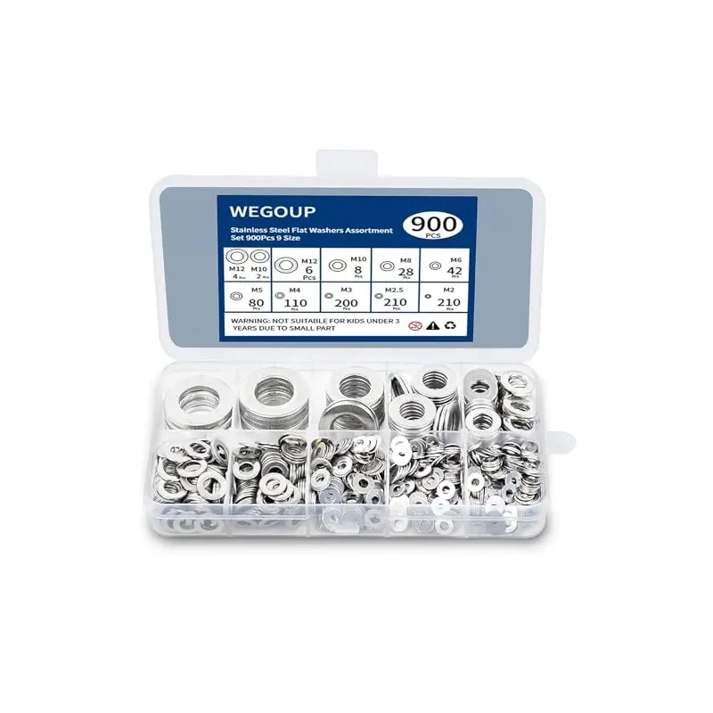 900 Pcs Stainless Steel Flat Washers for Screws, 304 Stainless Steel, Assorted Sizes (M2 M2.5 M3 M4 M5 M6 M8 M10 M12) for Industrial Use, Washers for Bolts