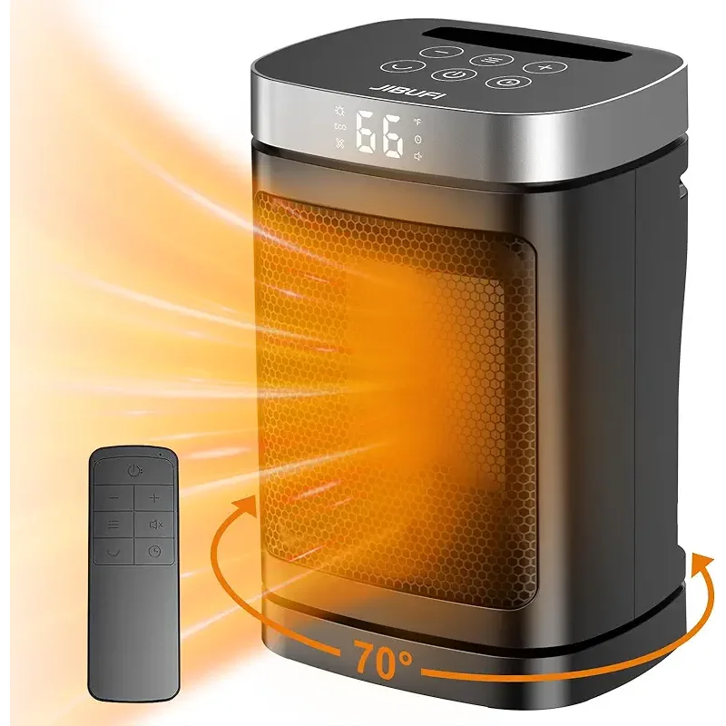 Small Portable Space Heater for Indoor Use - with 70°Rotating Feature, JIBUFI 1500W PTC Electric Heater, Rapid and Safe Heating, Remote Control, 1-12 Hr Timer for Bedroom, Office
