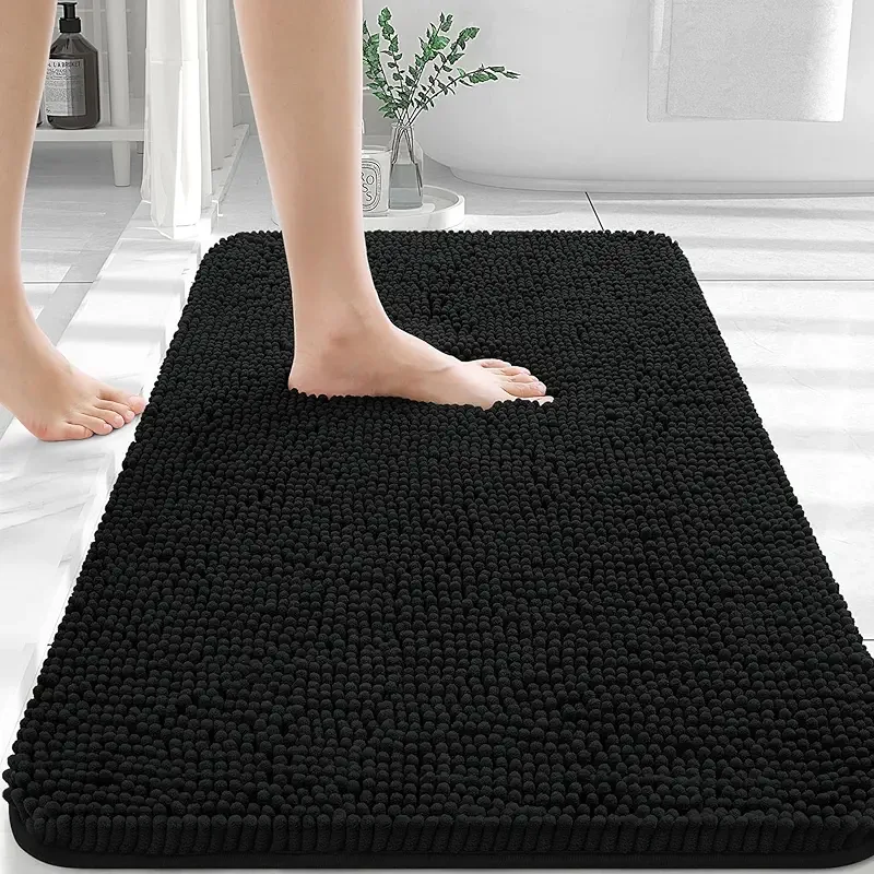 OLANLY Black Bathroom Rug 30x20, Extra Soft Absorbent Chenille Bath Rugs, Rubber Backing Quick Dry, Machine Washable Bath Mats for Bathroom Floor, Tub and Shower, Home Decor Accessories