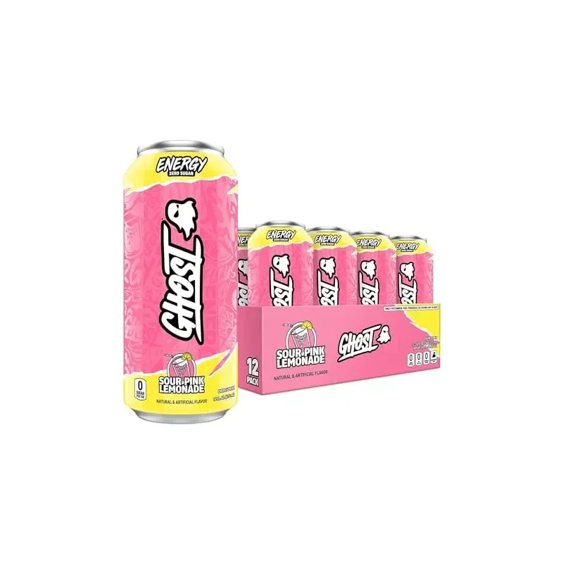 GHOST Energy Drink - 12-Pack, Sour Pink Lemonade, 16oz Cans - Energy & Focus & No Artificial Colors - 200mg of Natural Caffeine, L-Carnitine & Taurine - Gluten-Free & Vegan