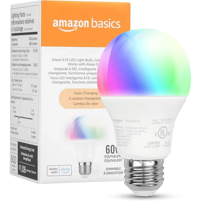 Amazon Basics Smart A19 LED Light Bulb, Color Changing, 9W (60W Equivalent), 800LM, Works with Alexa Only, 2.4 GHz Wi-Fi, No Hub Required, 1 Pack