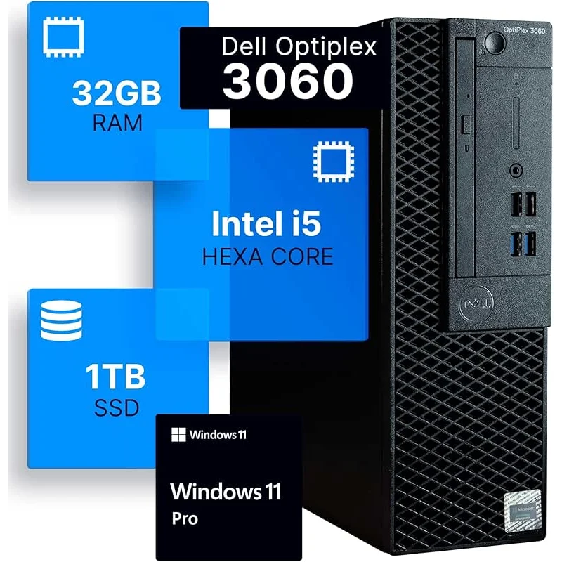 Dell Optiplex 3060 Desktop Computer | Intel i5-8500 (3.2) | 32GB DDR4 RAM | 1TB SSD Solid State | Built in WiFi | Bluetooth | Windows 11 Professional | Home or Office PC (Renewed)