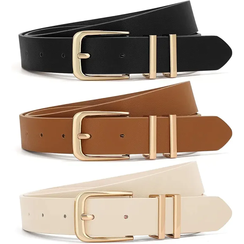 XZQTIVE 3 Pack Women Belts For Jeans Dresses Pants Ladies Leather Waist Belt with Gold Buckle