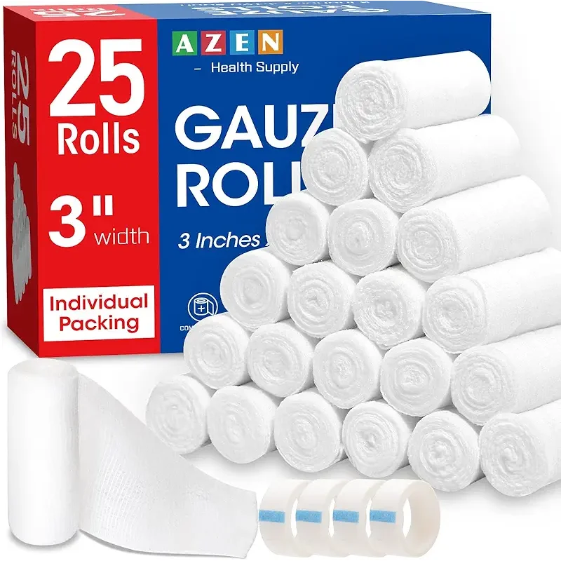 AZEN 25 Pack Gauze Rolls Bandages, 3 in x 4.1 Yards, Premium Medical Supplies & First Aid Supplies, Bandage Wrap Vet Wrap, Mummy Wraps