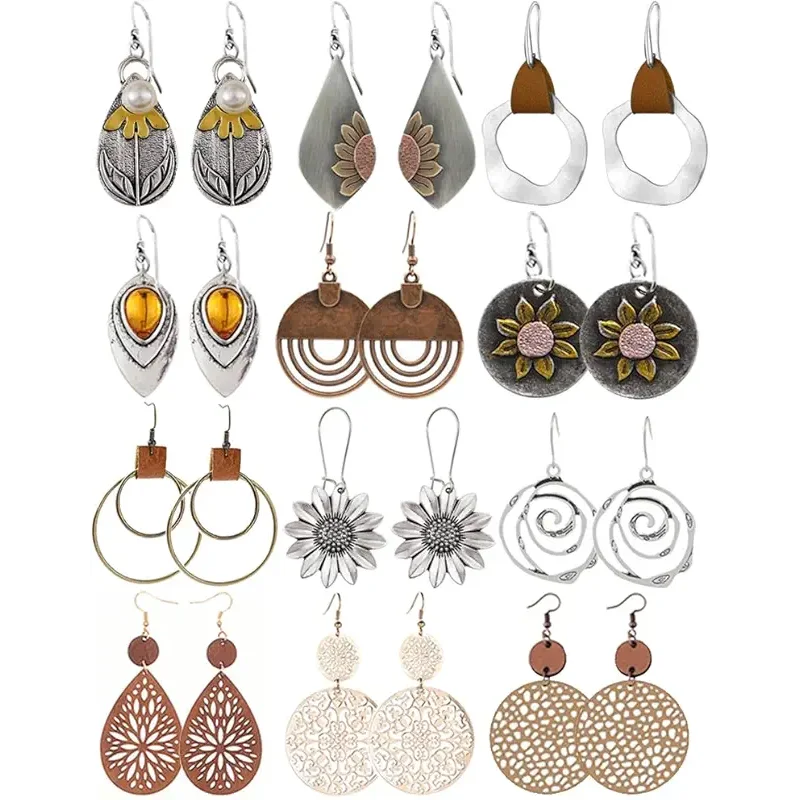 12 Pairs Boho Vintage Geometric Round Earrings Wooden Leather Ethnic Style Vintage Sunflower Earrings Christmas for Women