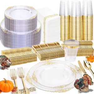 Nervure 350PCS Clear Gold Plastic Plates - Gold Plastic Dinnerware Sets for 50 Guests - 100 Disposable Plates, 150 Silverware, 50 Cups, 50 Napkins for Wedding & Party & Thanksgiving