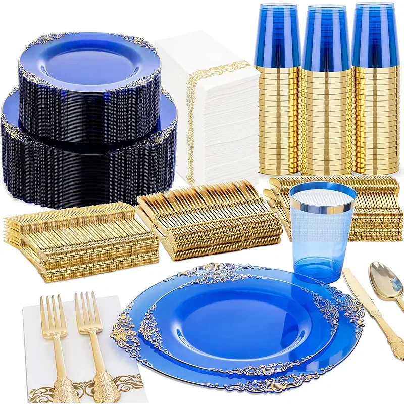 Nervure 350PCS Blue Plastic Plates - Blue Plastic Dinnerware Sets for 50 Guests - 100 Disposable Plates, 150 Gold Silverware, 50 Cups, 50 Napkins for Wedding & Party & Thanksgiving Day