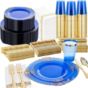 Nervure 350PCS Blue Plastic Plates - Blue Plastic Dinnerware Sets for 50 Guests - 100 Disposable Plates, 150 Gold Silverware, 50 Cups, 50 Napkins for Wedding & Party & Thanksgiving Day
