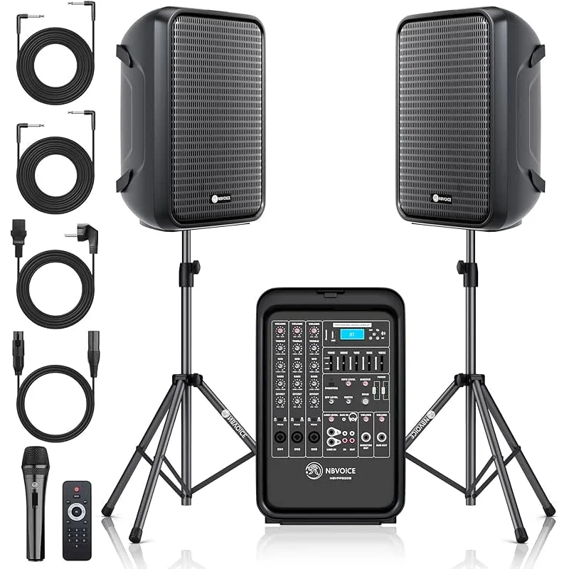 Professional Portable All-in-One Integrated 2-Way PA System Fixed Setup, Suitcase Design w/ 8-Channel Mixer, 2 Speaker Stands, Bluetooth, Mic for Performances, Presentations