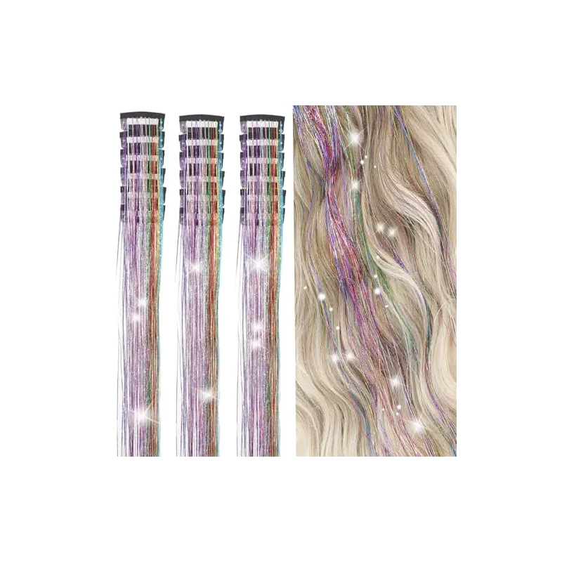 Hair Tinsel Kit Pack of 18 Pcs Hair Tinsel Clip in 19.6Inch Glitter Tinsel Hair Extensions Heat Resistant Clip in Hair Tinsel Sparkle Fairy Hair Accessories for Kids Girls Women (Colorful)