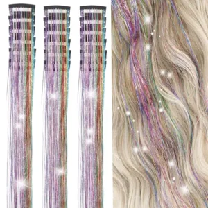 Hair Tinsel Kit Pack of 18 Pcs Hair Tinsel Clip in 19.6Inch Glitter Tinsel Hair Extensions Heat Resistant Clip in Hair Tinsel Sparkle Fairy Hair Accessories for Kids Girls Women (Colorful)