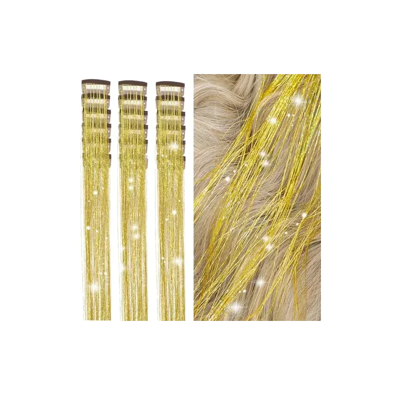 Hair Tinsel Kit Pack of 18 Pcs Hair Tinsel Clip in 19.6Inch Glitter Tinsel Hair Extensions Heat Resistant Clip in Hair Tinsel Sparkle Fairy Hair Accessories for Kids Girls Women(Gold)