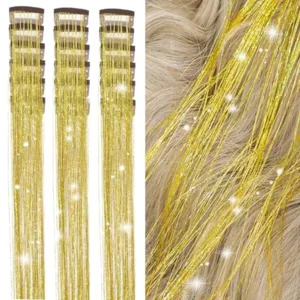 Hair Tinsel Kit Pack of 18 Pcs Hair Tinsel Clip in 19.6Inch Glitter Tinsel Hair Extensions Heat Resistant Clip in Hair Tinsel Sparkle Fairy Hair Accessories for Kids Girls Women(Gold)