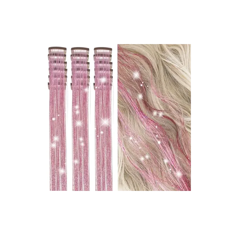 Hair Tinsel Kit Pack of 18 Pcs Hair Tinsel Clip in 19.6Inch Glitter Tinsel Hair Extensions Heat Resistant Clip in Hair Tinsel Sparkle Fairy Hair Accessories for Kids Girls Women (Pink)