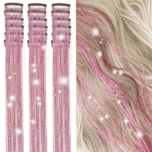 Hair Tinsel Kit Pack of 18 Pcs Hair Tinsel Clip in 19.6Inch Glitter Tinsel Hair Extensions Heat Resistant Clip in Hair Tinsel Sparkle Fairy Hair Accessories for Kids Girls Women (Pink)